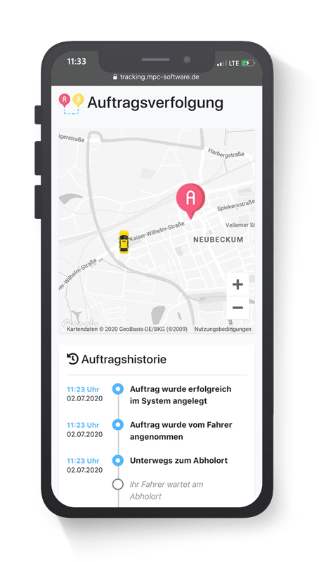 whatsapp taxi auftragsverfolgung: Tracking des anfahrenden Fahrzeugs Bearbeitungsstand des Auftrags wird angezeigt